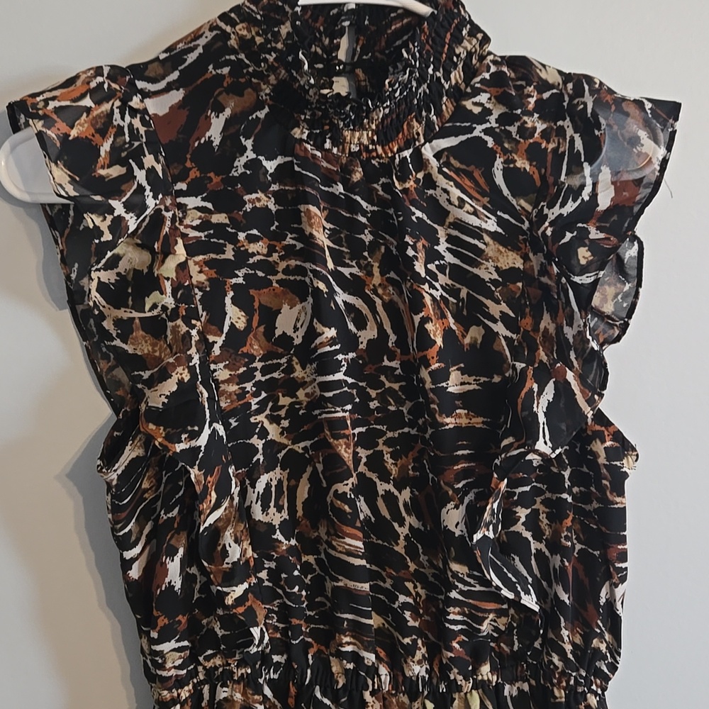 Steve Madden Anna Sleeveless Chiffon Ruffle Dress W/ Animal Print, Medium - Picture 2 of 7
